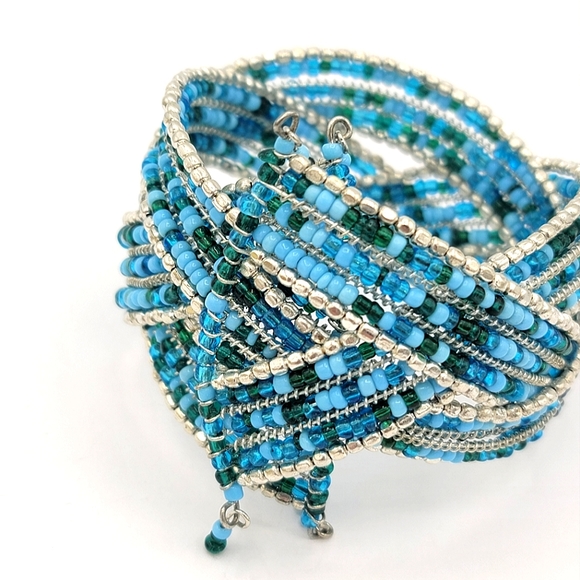 Wire Wrap Blue Seed Bead Woven Braided Wide Cuff Bracelet Vintage - Picture 7 of 8